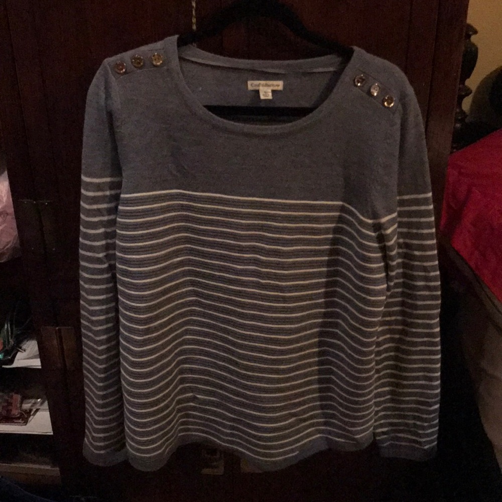Blue and white striped sweater with gold buttons